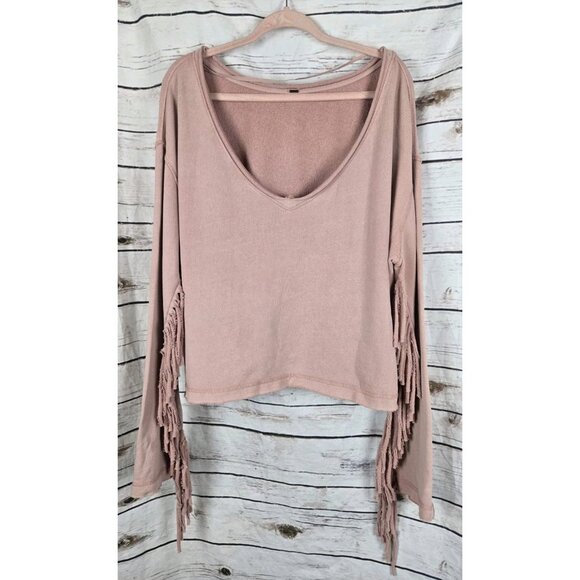 Free People Fringed Knit Sweatshirt Top S Boxy Cropped French Terry Cotton - Picture 1 of 8